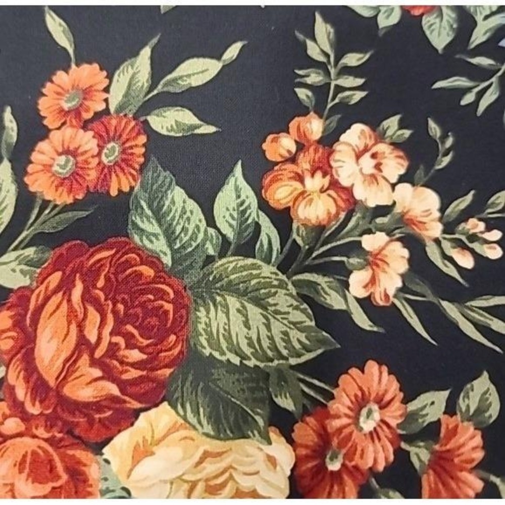 Vintage Cranston VIP Floral Fabric 3 Yds Black Rose Chintz COTTAGECORE Cotton